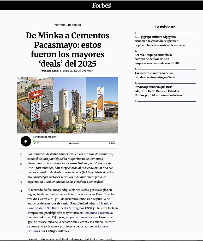 De Minka a Cementos Pacasmayo: estos fueron los mayores �deals� del 2025